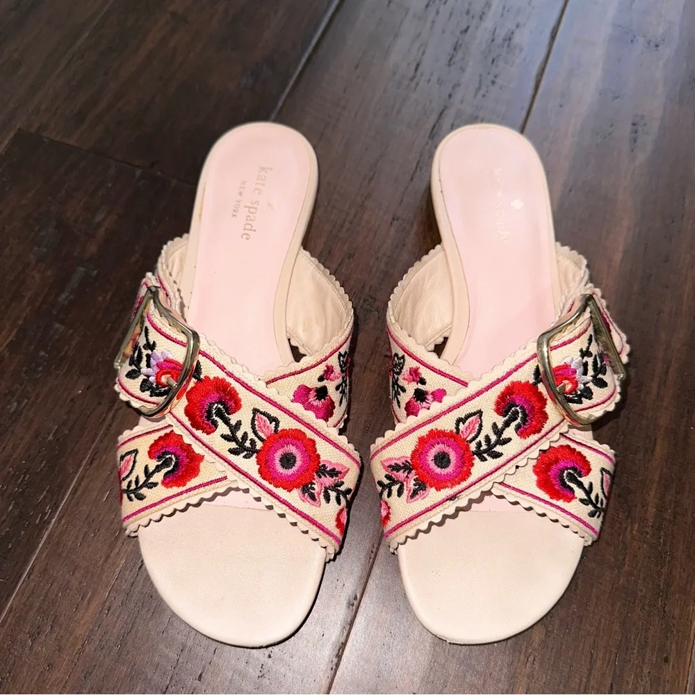 Kate Spade Faris Floral Embroidered Slide Sandal Cross Over Strap Buckle Size 7